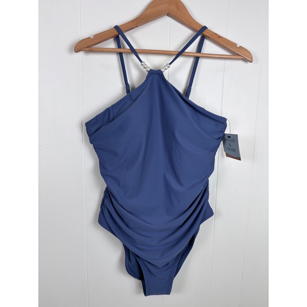 Shade & Shore Blue Halter One Piece Swimsuit Pearl Straps Ruched L (12-14)‎